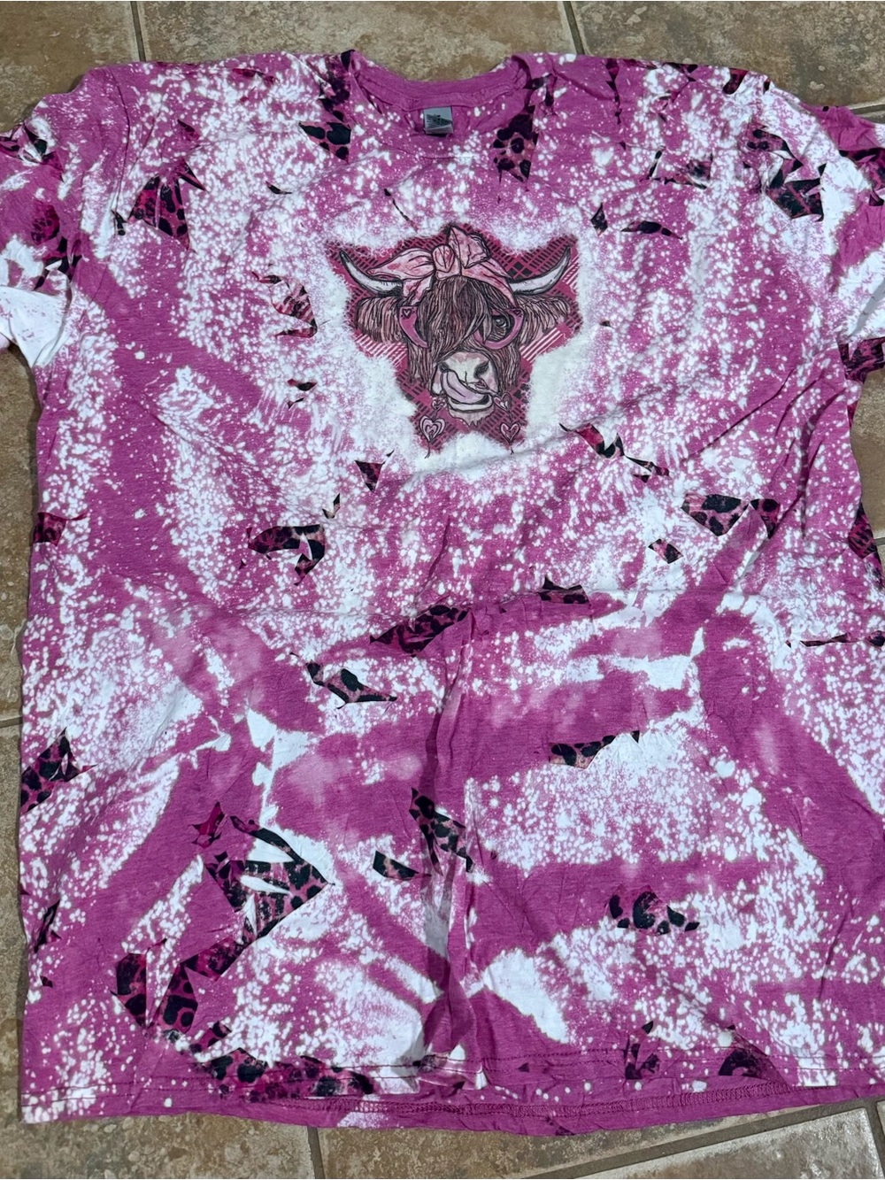 Gildan Women's Pink Tie-Dye Cow Graphic Short Sleeve Tee - Picture 2 of 5
